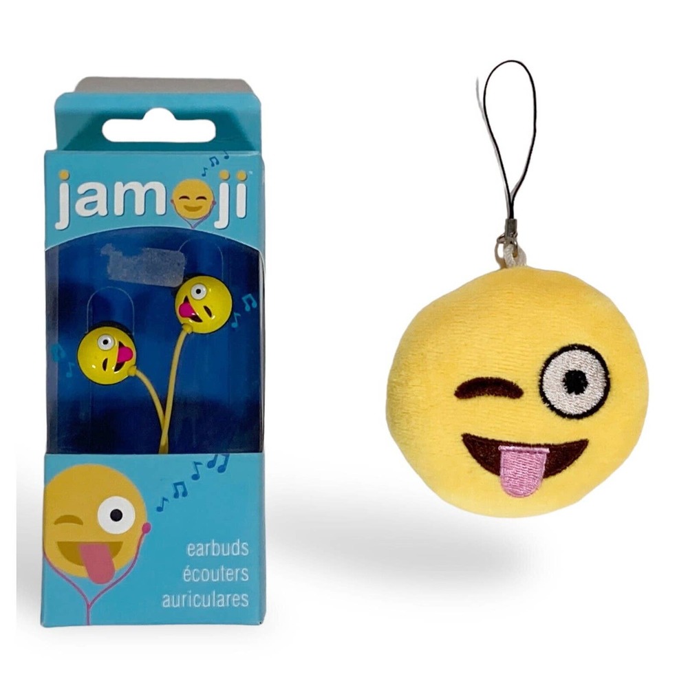 Lot of 2 EARBUDS & KEY CHAIN Emoji Winking Face Tongue 3"‎ PLUSH BACKPACK Charm